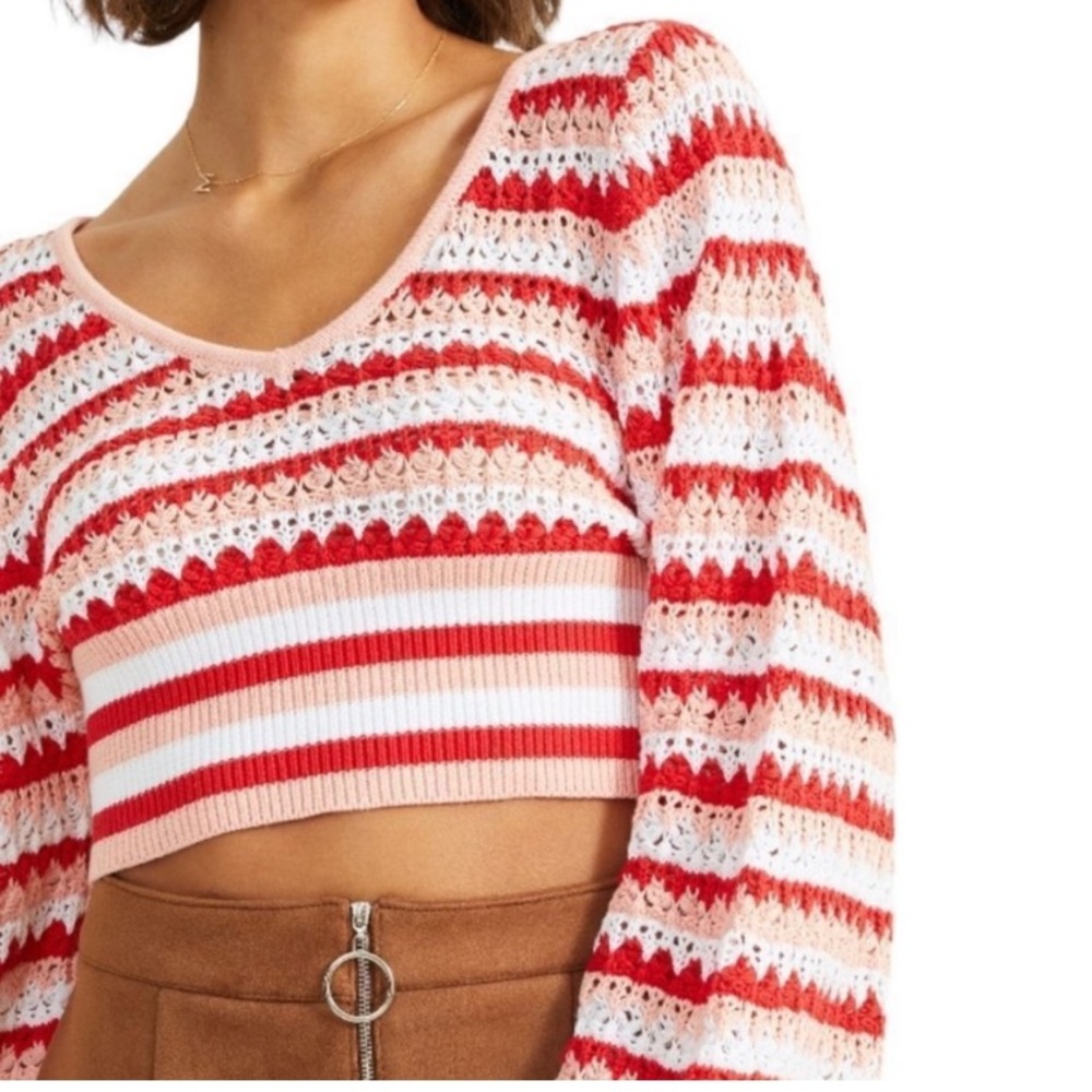 Altar’d State Crochet Striped V-Neck Cropped Balloon Wide Sleeve Cotton Sweater